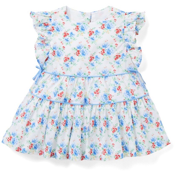 Janie and Jack Other - Janie & Jack cotton Floral Bow Dress with flutter sleeves, blue piping &bloomers
